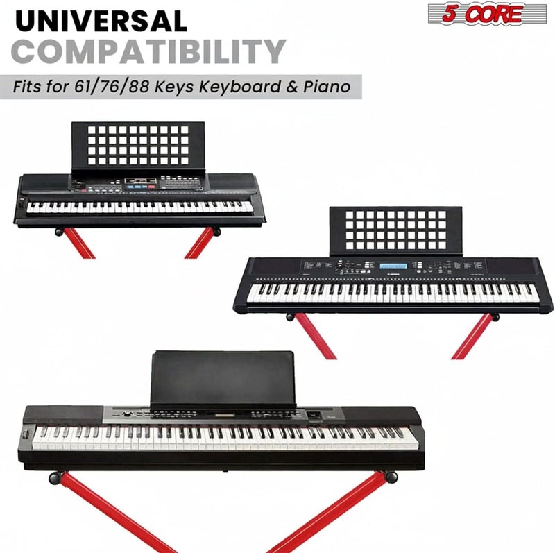 5 Core Piano Keyboard Stand Double X Heavy Duty 7 Adjustable Heights & Width Digital Electric Synthesizer Music Stands For 61 76 88 Keys w Secure Locking Strap (Red) - Image 4